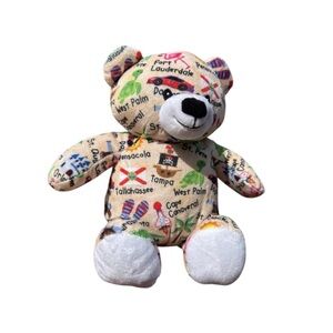 Florida Souvenir Plush Teddy Bear Map Print Cities Landmarks Stuffed Animal 10”